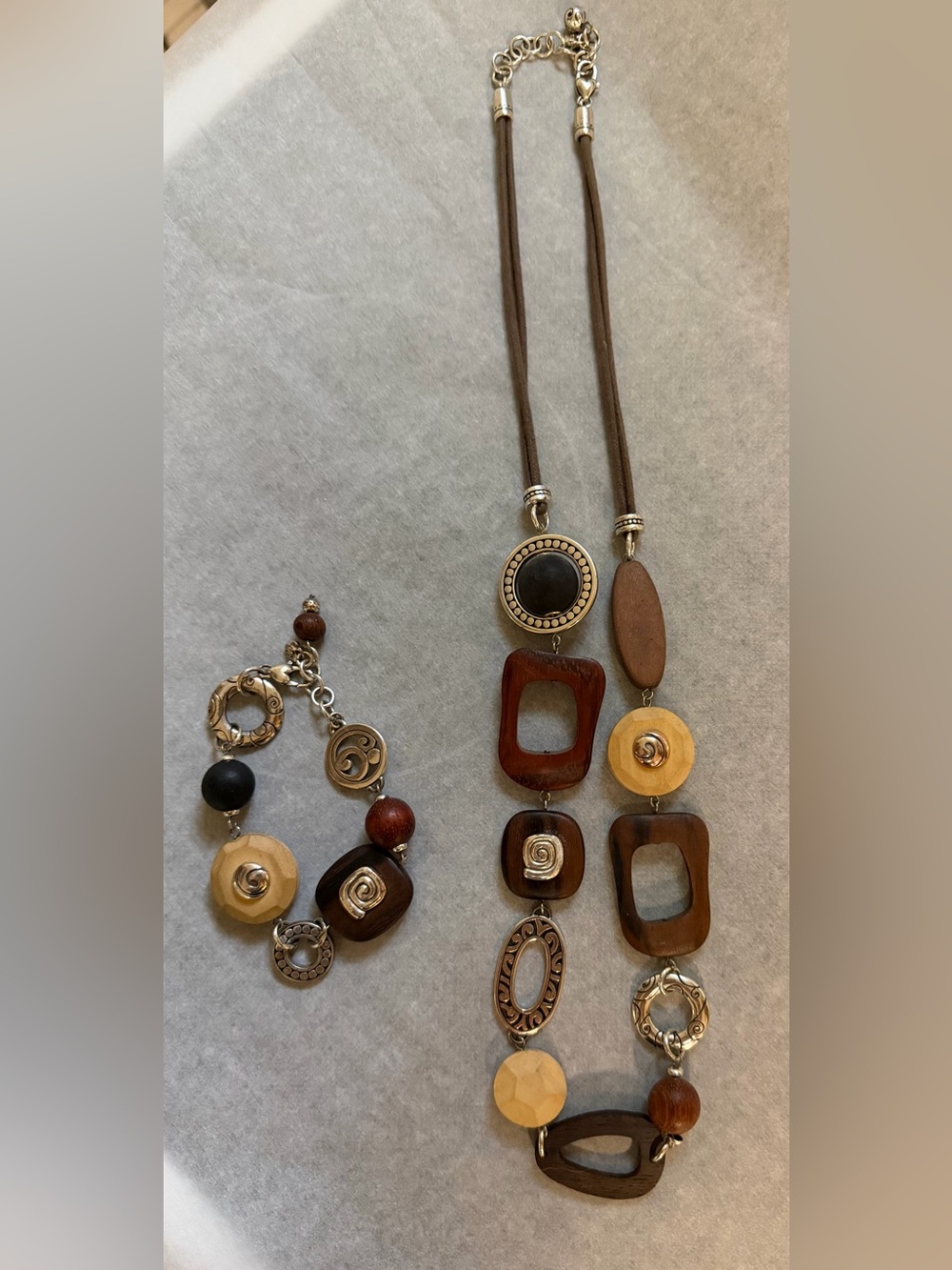 Brighton Brown Wood & Silver-Tone Mixed Bead Necklace and bracelet